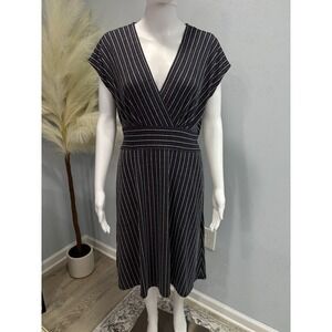 Cato Women's Pinstripe Navy Blue Faux Wrap Midi Dress V-Neck Modest M